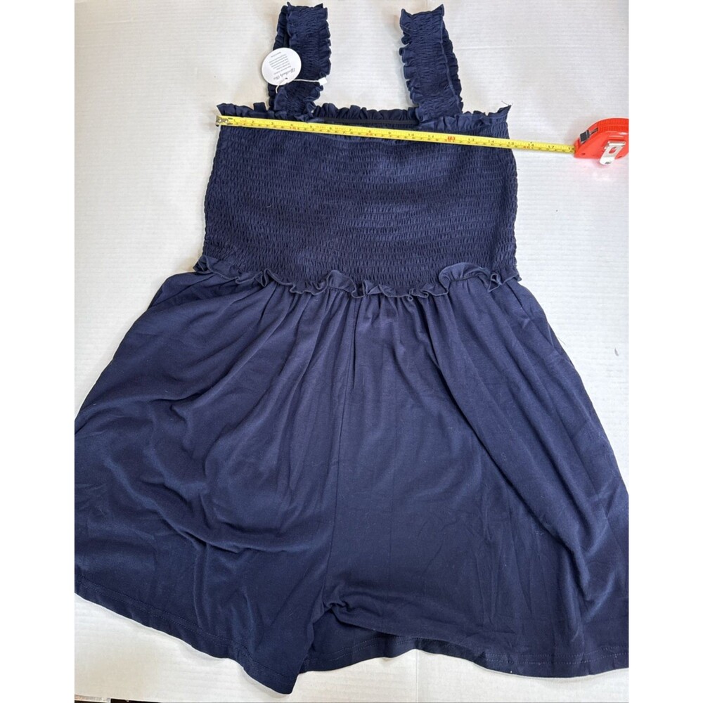 NEW TANOU Womens XL Navy Smocked Romper Wide Leg Pockets Sleeveless Stretch Comf
